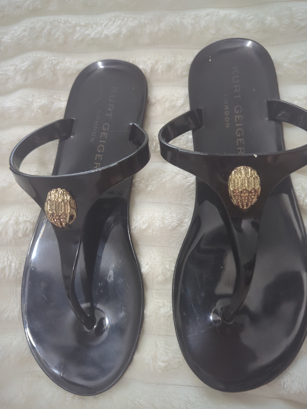 Kurt Geiger Black Jelly Thong Sandals with Gold Accent